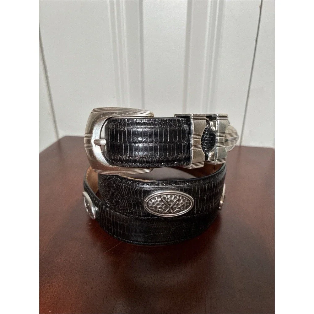 Fullerton Vintage Golf Concho Lizard Embossed Leather Belt Size 36 Black Western